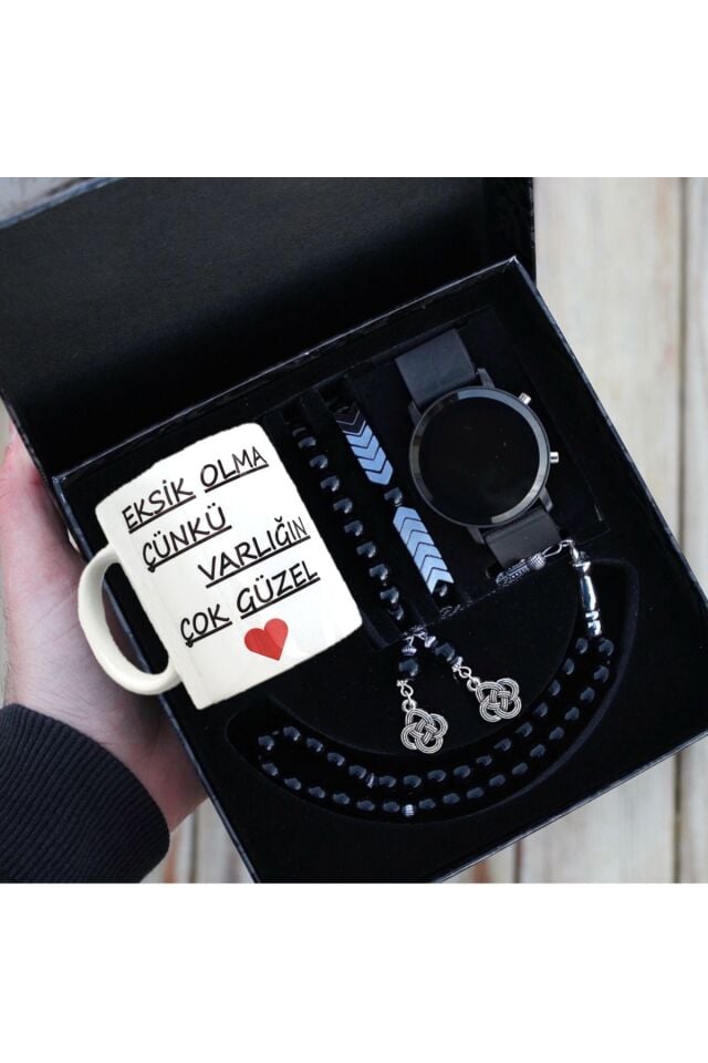 Su Geçirmez Erkek Kol Saati Kupa Bardak Tesbih Ve Bileklik Seti
